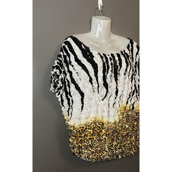 FC Blouse Womens Large Black White Gold Textured Animal Print Crinkle Shirt Top - Picture 2 of 7